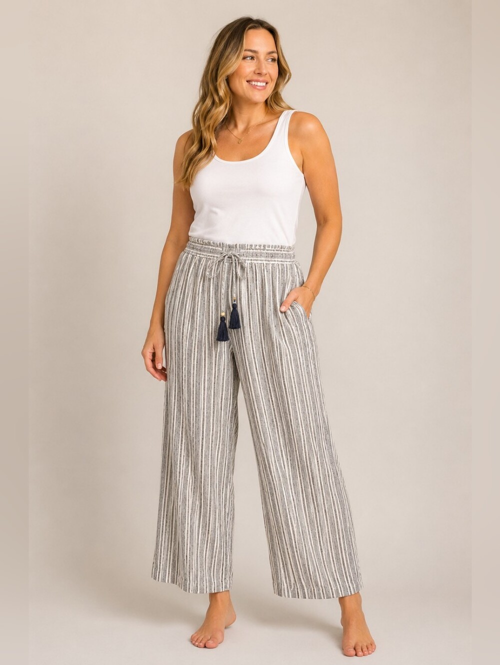 Soft Surroundings 100% Linen Wide Leg Striped Pull On Pants Size L Coastal Beach